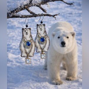 Handpainted polar bear earrings sterling wires rhinestone OOAK wild life jewelry